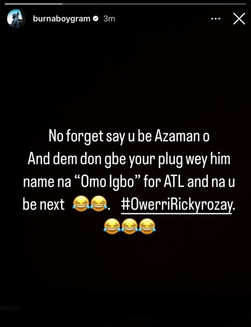 Burna Boy post on Instagram