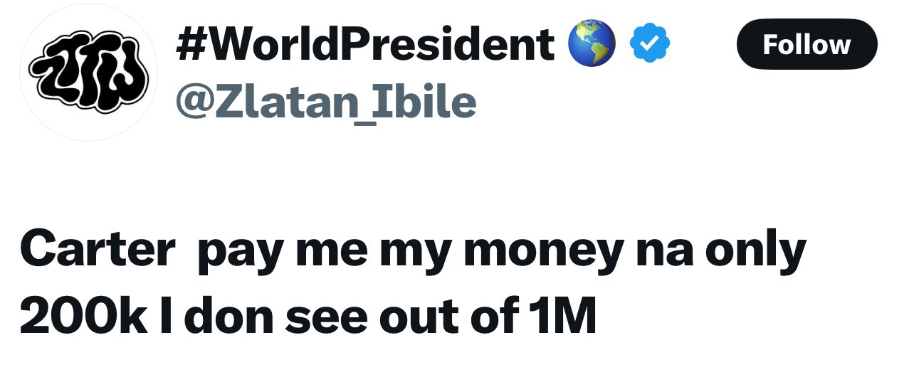 Nigerian music star Zlatan Ibile has publicly called out comedian and content creator Carter Efe over an alleged unpaid debt of N1 million
